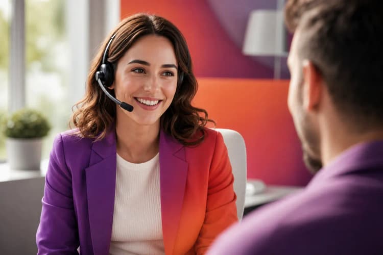 Atendente sorridente conversando com um cliente em um escritório.