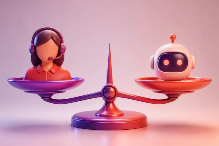 Balança com os símbolos de atendimento humano e virtual.