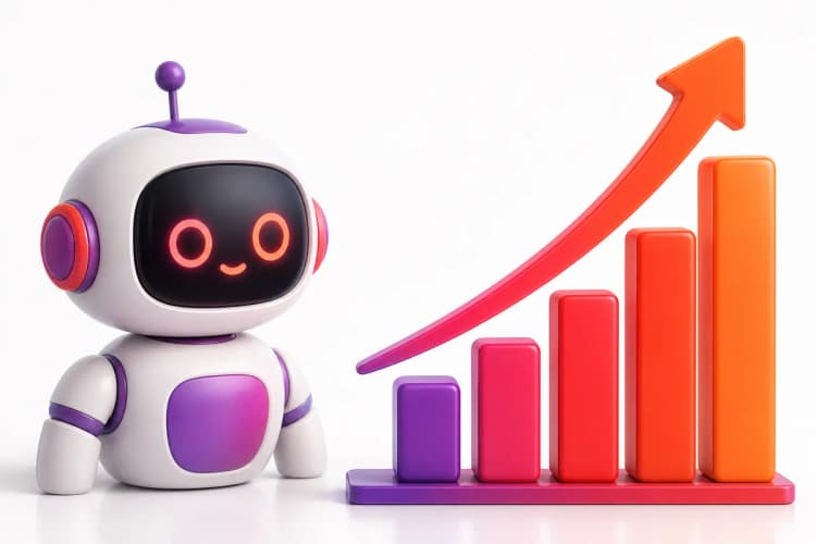 Gráfico de barras ascendente com um ícone de robô ao lado, simbolizando o crescimento de benefícios com assistentes virtuais.