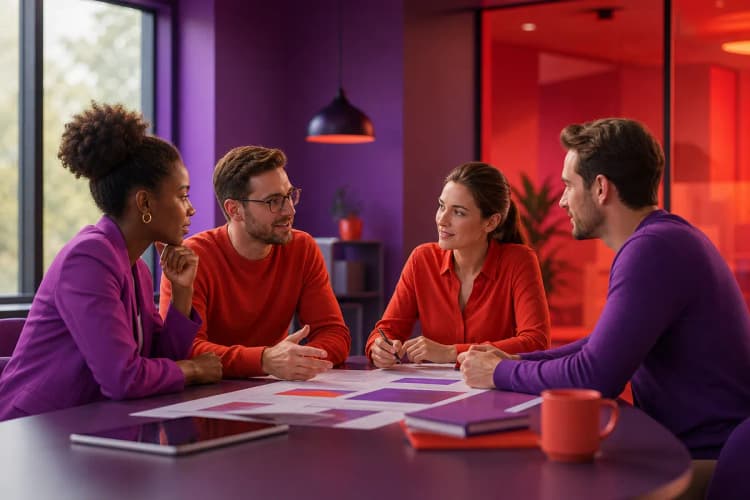 Pessoas em uma sala de reunião discutindo a implementação de tecnologia, com um ícone de assistente virtual sutilmente presente.