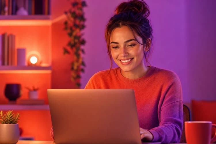 Uma pessoa trabalhando remotamente com um laptop, com um sorriso, sugerindo satisfação na carreira de assistente virtual.