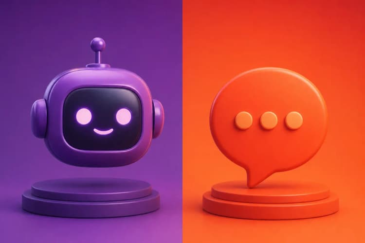 Comparação visual lado a lado de um robô (assistente virtual) e um balão de diálogo (chatbot).