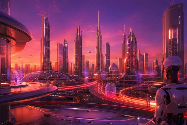 Uma visão futurista de uma cidade com elementos tecnológicos integrados, sugerindo o futuro dos assistentes virtuais.