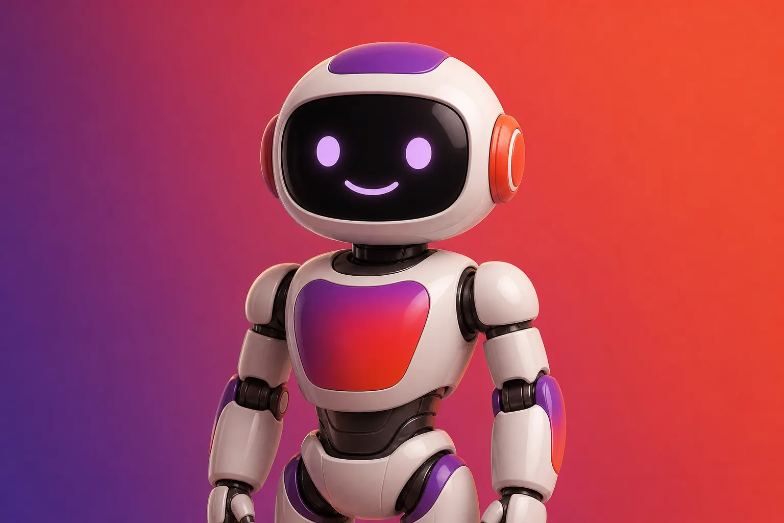 Ilustração de um robô amigável sorrindo, representando um assistente virtual.