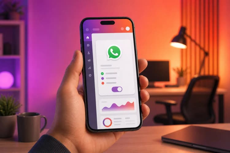 Mão segurando um celular com a interface de integração do WhatsApp em um site.