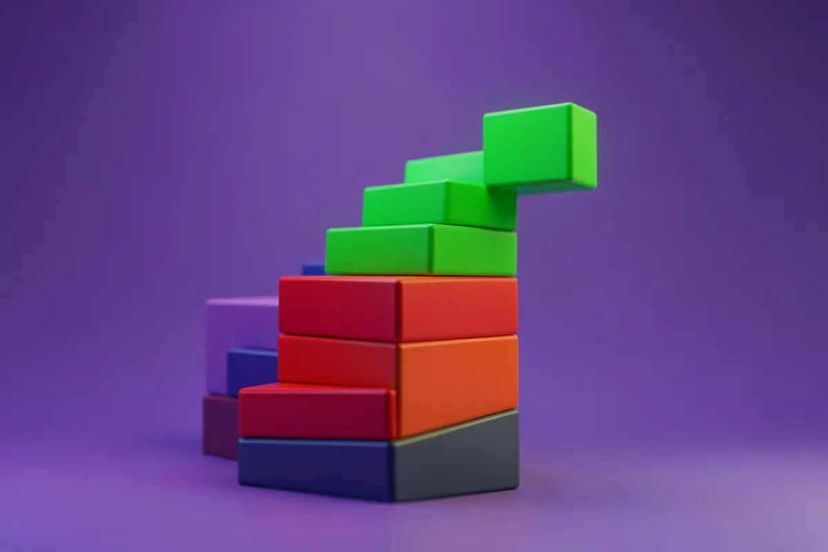 Um gráfico de barras ascendente feito de blocos verdes empilhados, simbolizando crescimento financeiro.