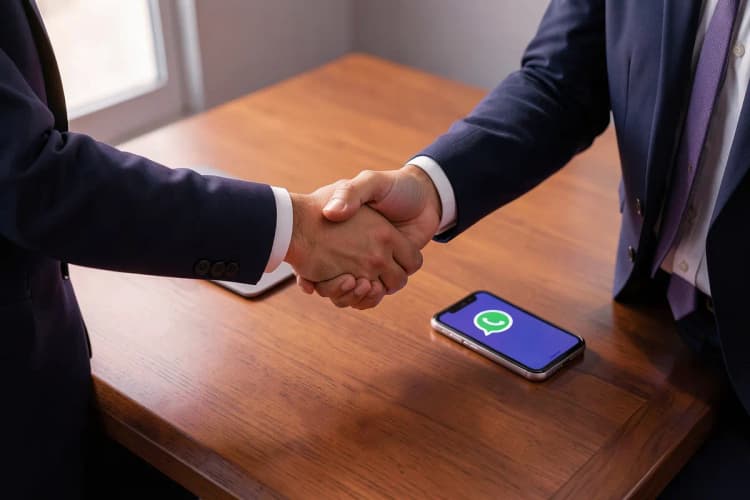 Duas pessoas apertando as mãos sobre uma mesa com um laptop e um celular exibindo o ícone do WhatsApp.