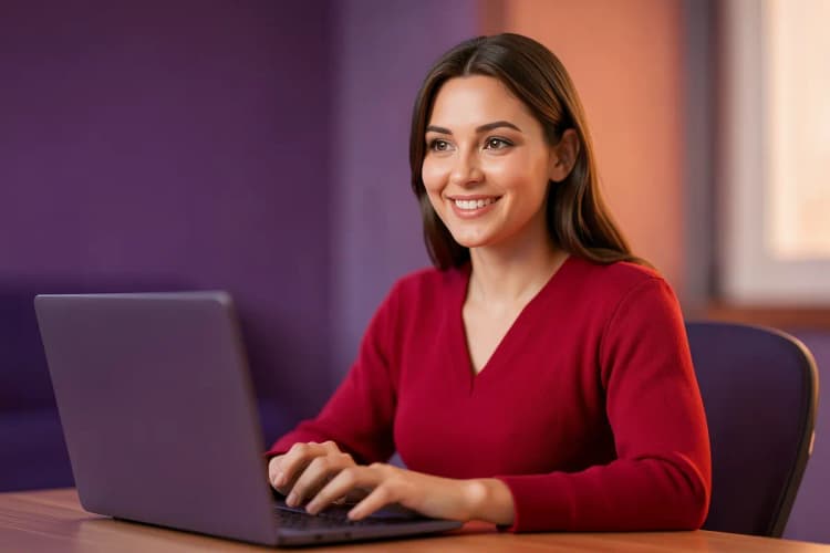 Uma pessoa sorrindo e gesticulando enquanto fala em uma videochamada em seu laptop.