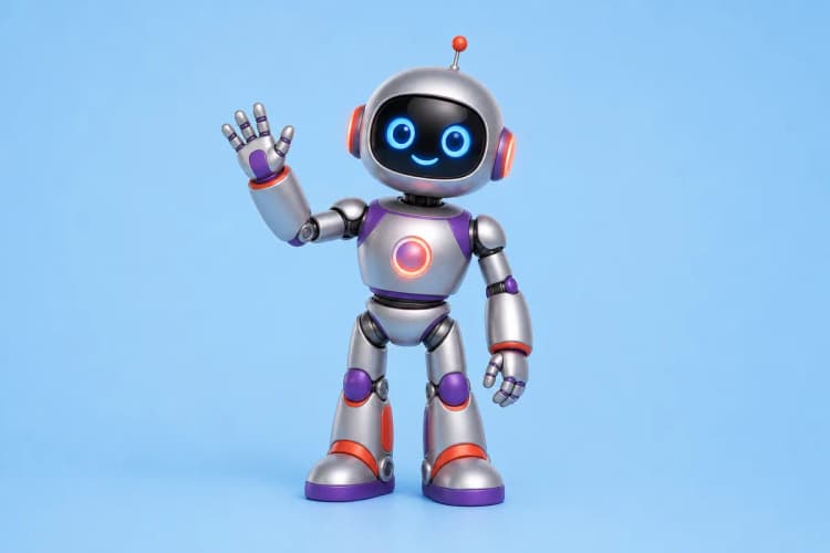 Robô amigável com um sorriso acenando com a mão.
