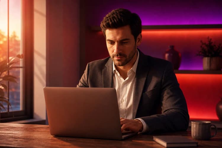 Homem de terno trabalhando em um laptop em uma mesa de madeira.