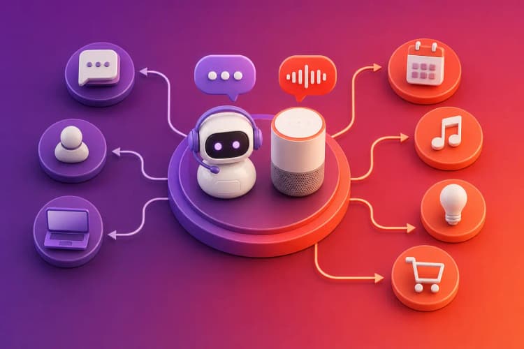 Um diagrama mostrando diferentes tipos de assistentes virtuais, como chatbots, assistentes de voz e assistentes baseados em IA, com setas conectando-os a ícones representando suas funções.
