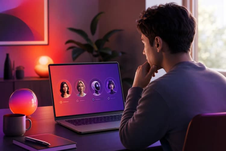 Uma pessoa pensativa olhando para um laptop aberto, com várias opções de assistentes virtuais exibidas na tela, em um escritório moderno.
