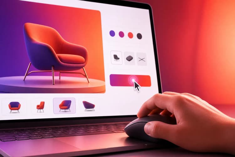 Uma mão usando um mouse para clicar em um botão "Configurar" em uma interface de site simulada em um laptop, com um ícone de engrenagem proeminente.