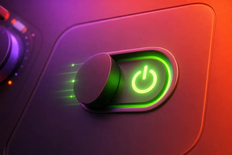 Um ícone de interruptor de energia sendo ativado em um painel de controle digital, com um brilho verde indicando que está ligado.
