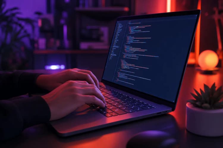 Um programador escrevendo código em um laptop em um ambiente de escritório escuro, com linhas de código visíveis na tela e um brilho azul emanando do monitor.