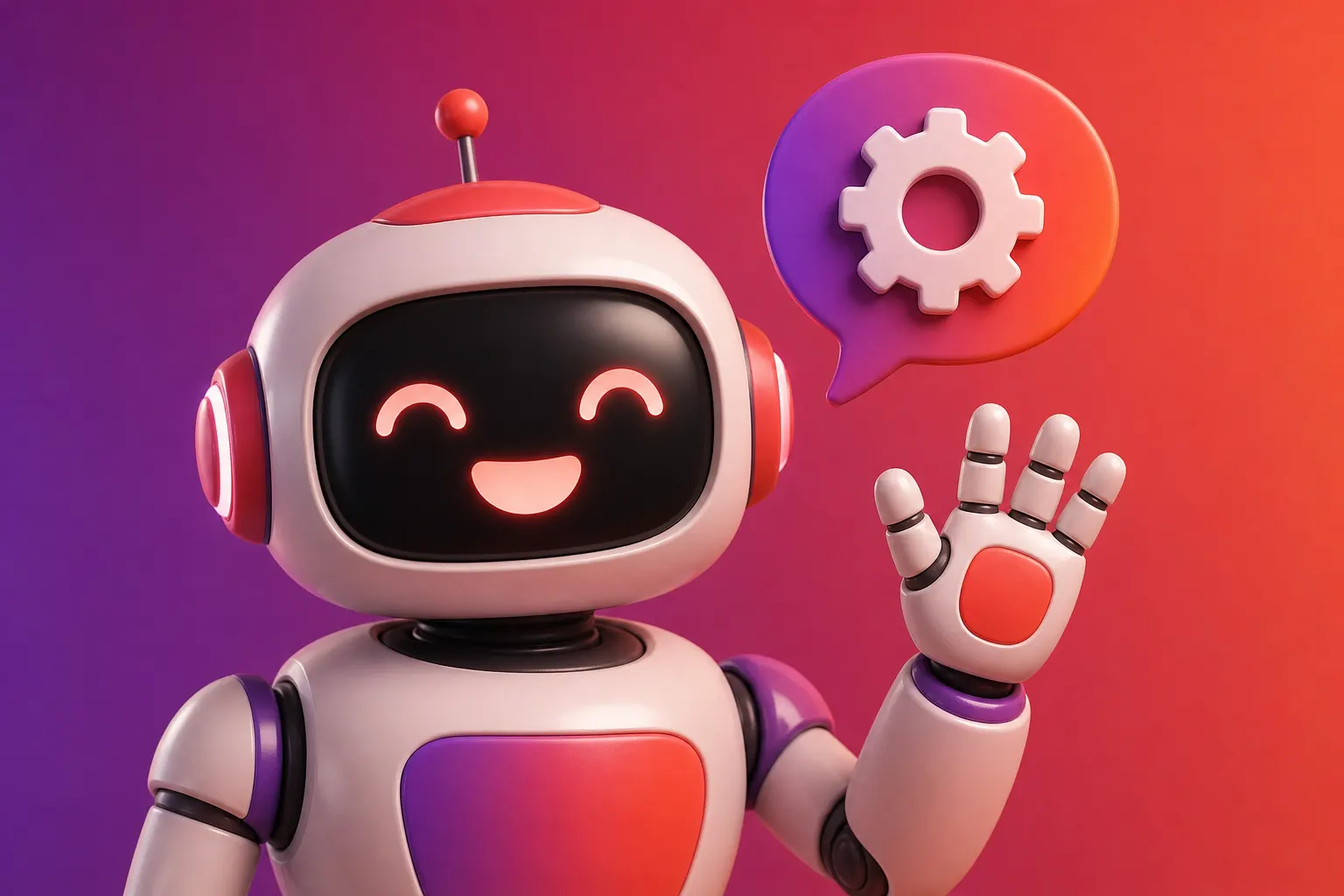 Um assistente virtual em forma de robô amigável sorrindo e acenando, com um balão de fala acima de sua cabeça contendo um ícone de engrenagem, sobre um fundo azul claro com elementos gráficos abstratos.