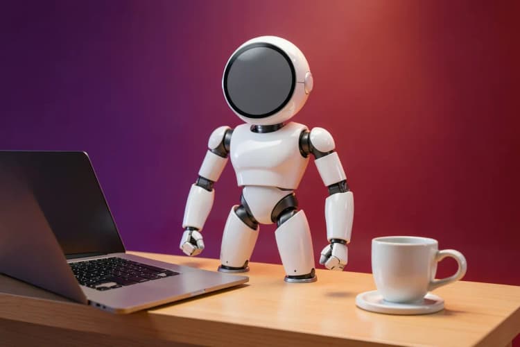 Um robô branco e cinza com braços articulados e uma tela redonda no lugar da cabeça, em pé sobre uma mesa de escritório com um laptop aberto e um copo de café, em um ambiente de trabalho moderno.