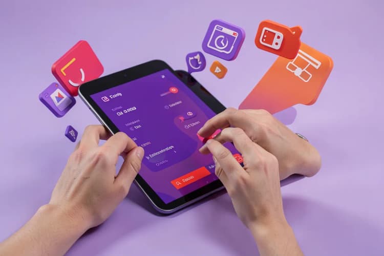 Uma pessoa escolhendo entre várias opções de plataformas em um tablet, com ícones representando diferentes ferramentas de criação de sites ao redor.