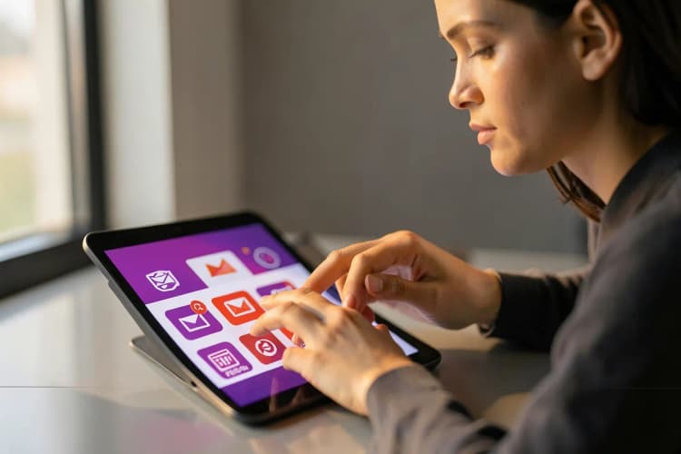 Uma pessoa escolhendo entre diferentes ícones de plataformas de e-commerce em uma tela de tablet.