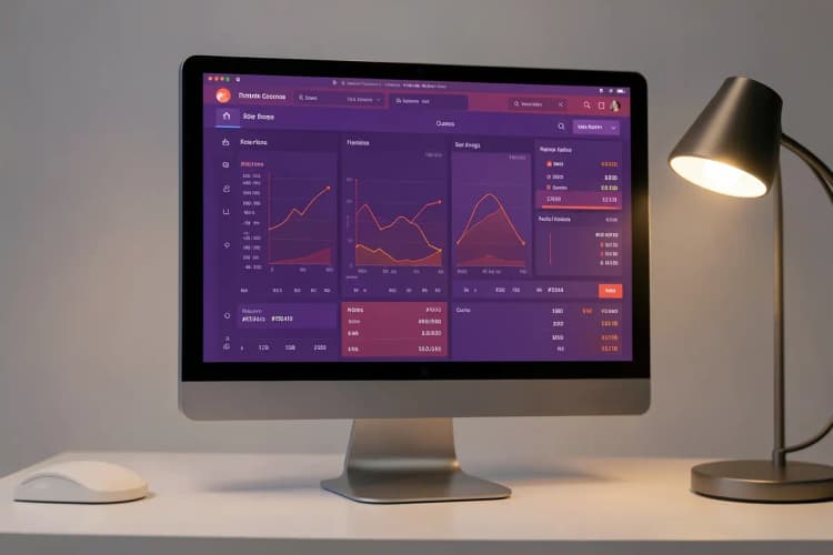 Um painel de controle de site com gráficos e números em um monitor de computador.