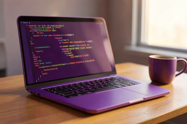 Um laptop aberto exibindo um código de programação em um ambiente de escritório moderno, com uma xícara de café ao lado.