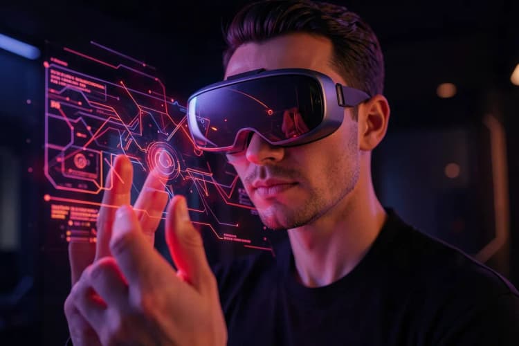 Uma pessoa usando óculos de realidade virtual, interagindo com uma interface holográfica complexa em um espaço escuro.
