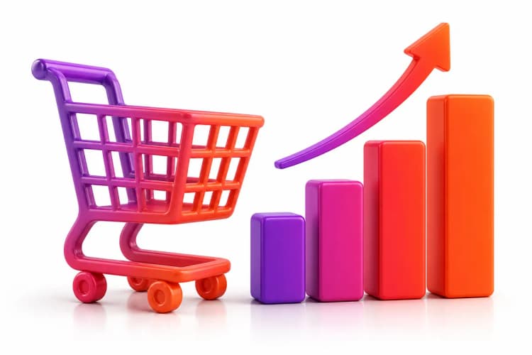 Gráfico de barras ascendente ao lado de um ícone de carrinho de compras, simbolizando vendas e engajamento online.