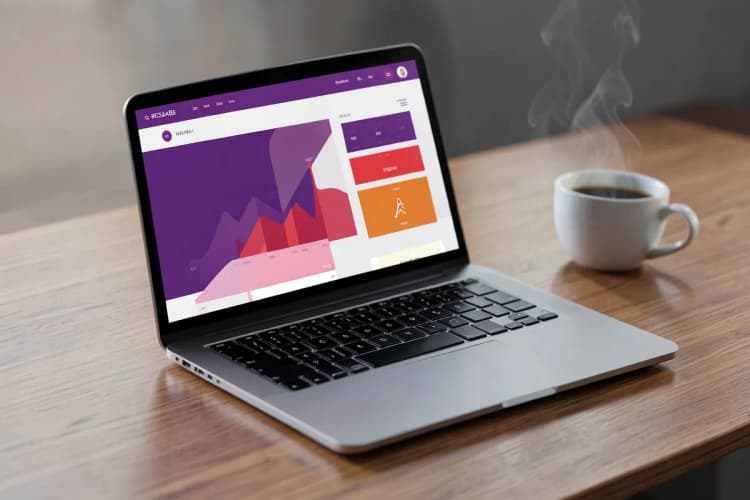 Um notebook aberto exibe um site com gráficos e botões em uma mesa de madeira, ao lado de um smartphone e um café.