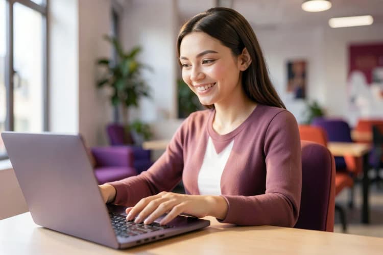 Uma mulher com um sorriso confiante digita em um laptop em um ambiente de coworking iluminado.