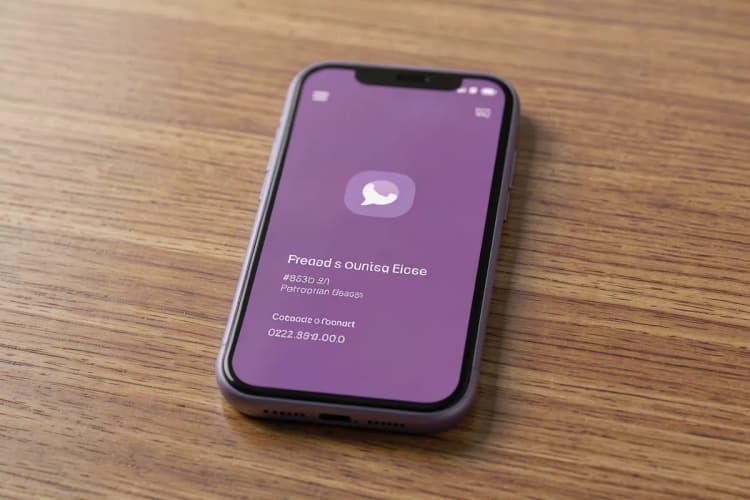 Um smartphone exibe um site com um ícone de chat e informações de contato em uma mesa de madeira.