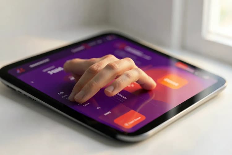 Uma pessoa interagindo com uma interface de site futurista em um tablet, com elementos de IA visíveis.