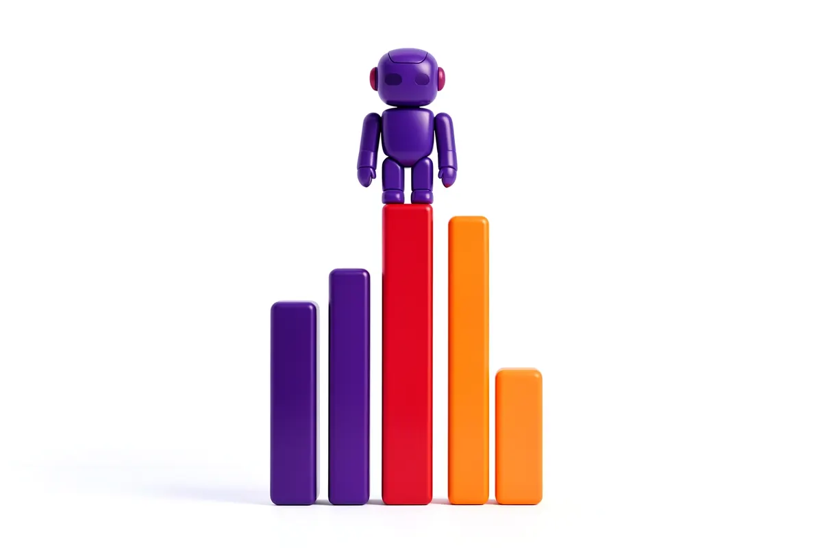 Um gráfico de barras ascendente com um ícone de robô no topo, representando o crescimento e as vantagens de um site com IA.