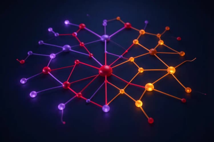 Um diagrama de rede neural com nós e conexões brilhantes, ilustrando a implementação de IA em um site.