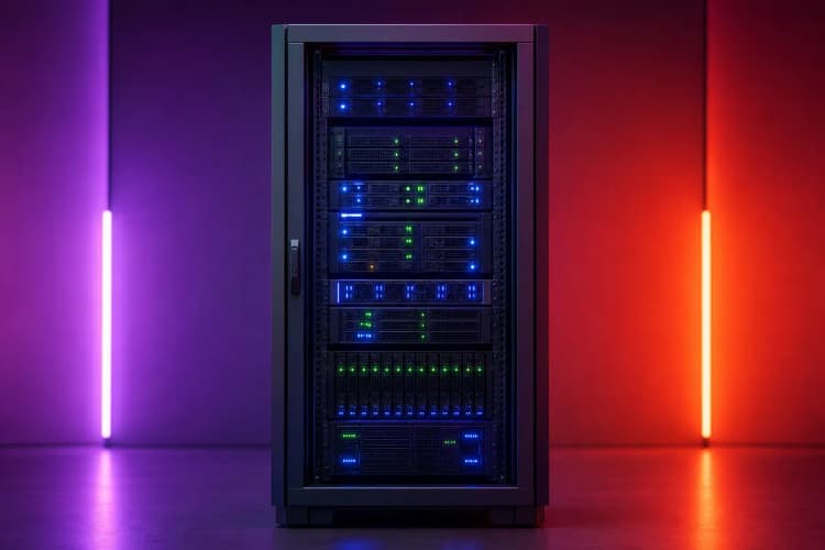 Um servidor de computador com luzes piscando, representando a infraestrutura de um site.