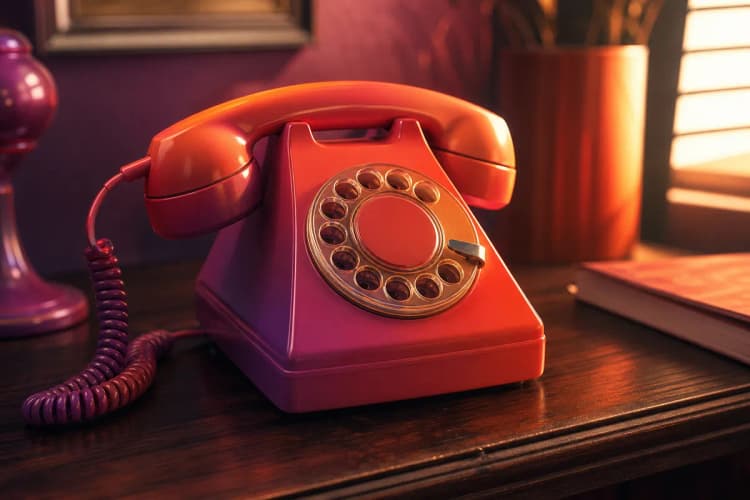 Telefone antigo tocando em uma mesa de madeira escura.