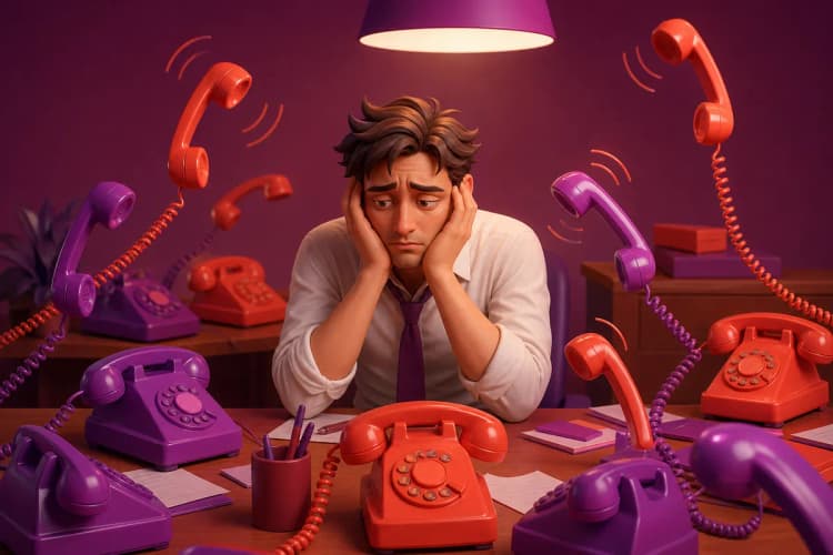 Uma pessoa com expressão cansada olhando para vários telefones tocando ao mesmo tempo.