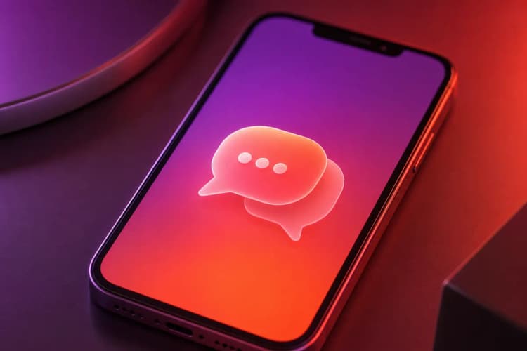 Um smartphone moderno exibindo um ícone de chat em uma tela preta.