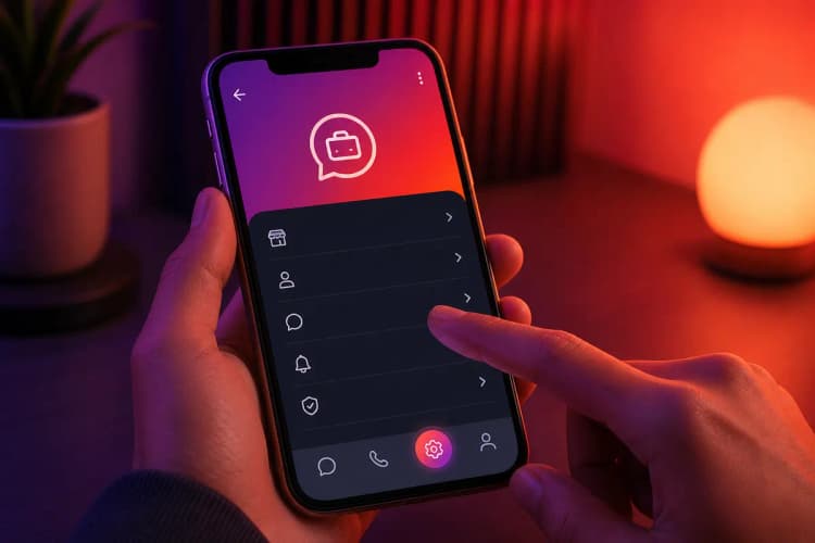 Um smartphone exibindo o aplicativo WhatsApp Business com uma tela de configuração aberta