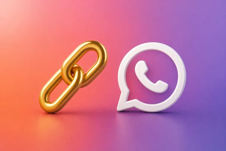 Um ícone de link da web com o logotipo do WhatsApp ao lado, sobre um fundo azul claro