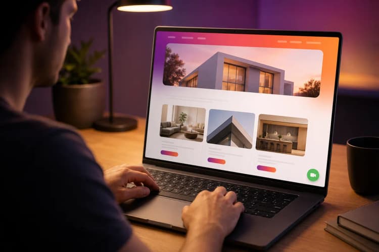 Um botão flutuante de chat do WhatsApp em um canto de um site simulado em um laptop