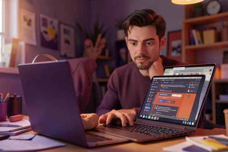 Uma pessoa pensativa olhando para um laptop com várias abas abertas, em um escritório bagunçado.