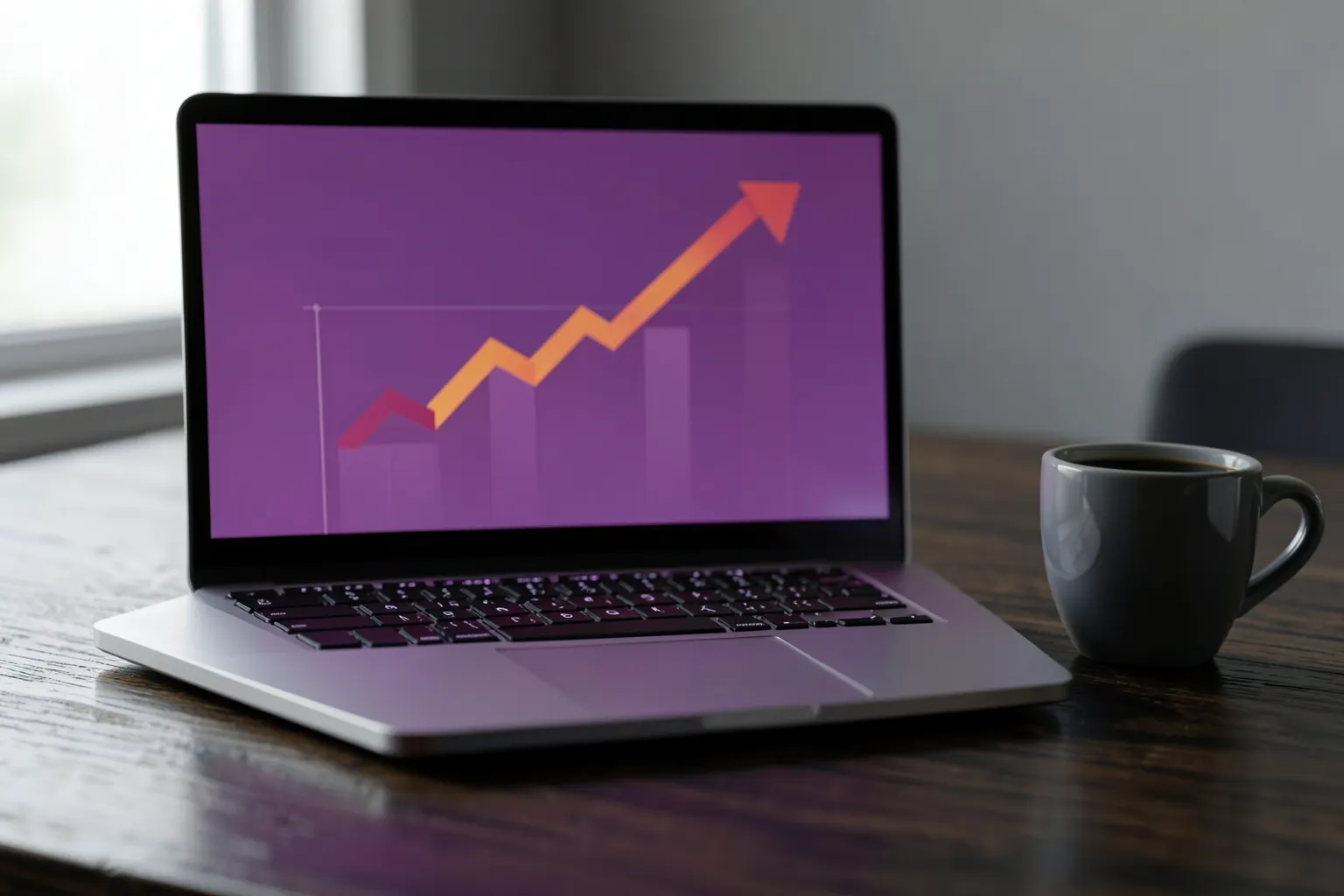 Um laptop aberto exibindo um gráfico de barras decrescente em uma mesa de madeira escura, com uma xícara de café ao lado.