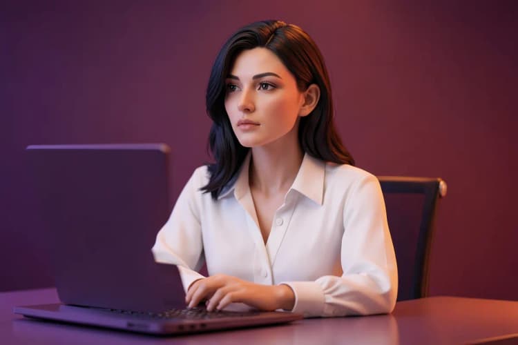 Mulher pensativa sentada em frente a um computador com uma tela em branco, em um ambiente de escritório moderno.