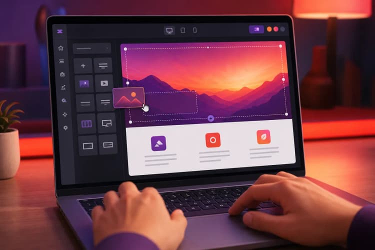 Uma pessoa usando um laptop com um criador de sites visual em tela cheia, com elementos de arrastar e soltar visíveis.