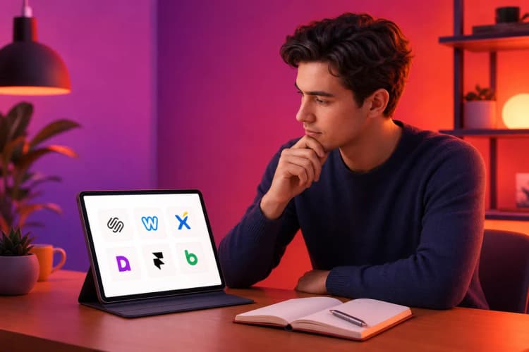 Uma pessoa pensativa olhando para diferentes logotipos de criadores de sites em um tablet, com um caderno aberto ao lado.