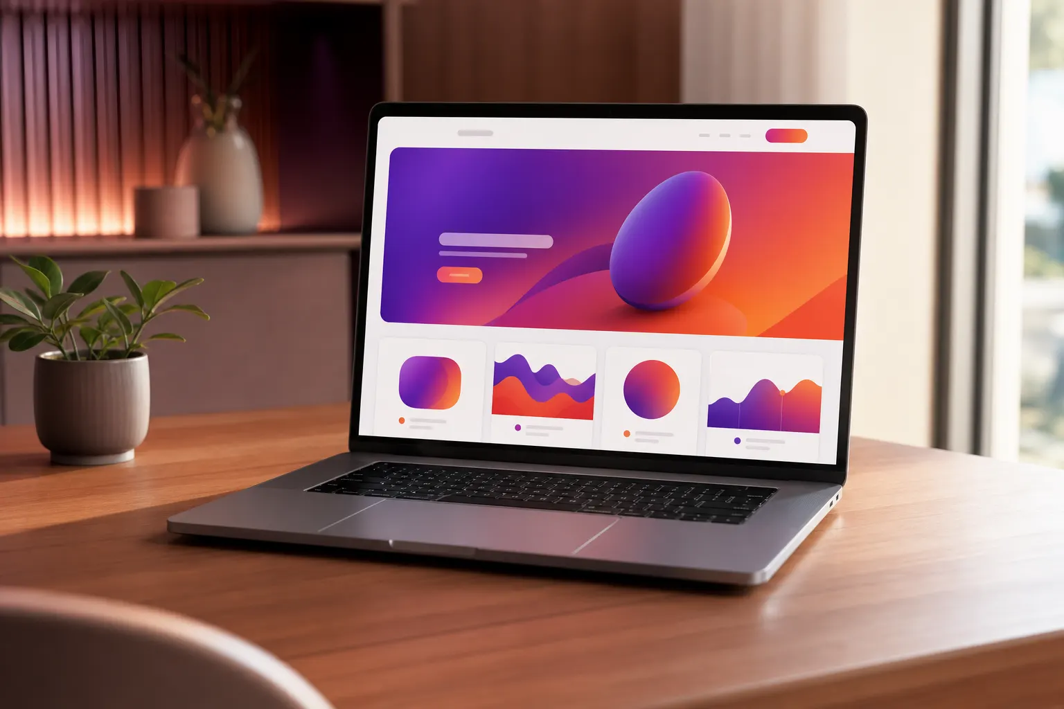 Um laptop aberto exibindo um site moderno e limpo em uma mesa de madeira com um pequeno vaso de plantas ao lado.