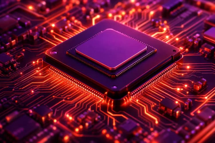 Um close-up de um microchip de computador com circuitos brilhantes e intrincados.