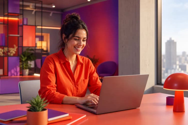 Uma pessoa sorrindo enquanto usa um laptop em um ambiente de escritório moderno.