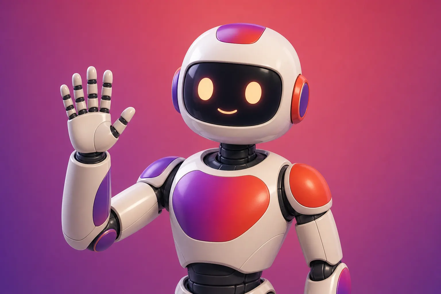 Um robô humanoide com um sorriso amigável acena com a mão, em um fundo branco e limpo.