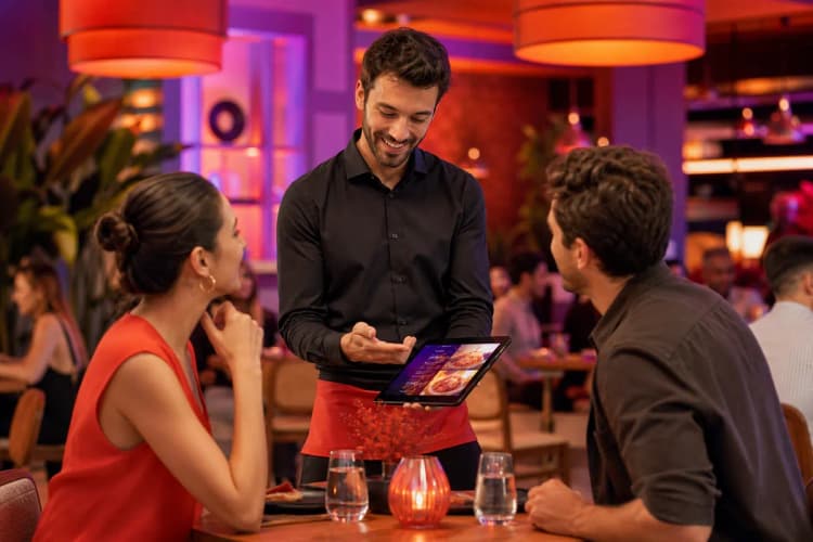 Um garçom sorridente mostrando um cardápio digital em um tablet para clientes em um restaurante movimentado